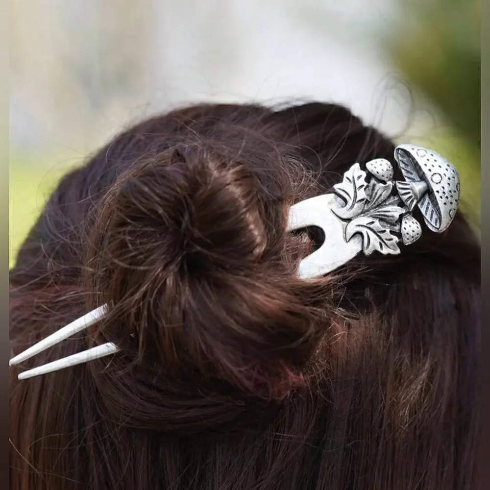 Bohemian Mushroom Hair Pin Accessory, with engraved details, Leaves, Fai… - Picture 1 of 3